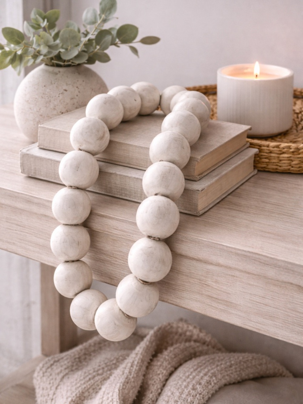 Wood Bead Garland in Weathered White